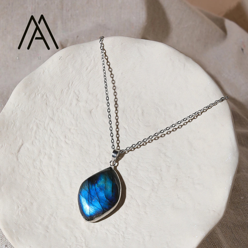 Minimalist Trendy Necklace Natural Gemstone Pendant Irregular Labradorite Necklace Silver-Plated Chain Unisex Gift Necklaces