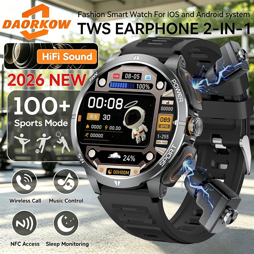 2026 2 In 1 TWS Headset Smart Watch 1.43" Earphones Music Smartwatch Women Men Sport Fitness Heart Rate Health Tracker Watches