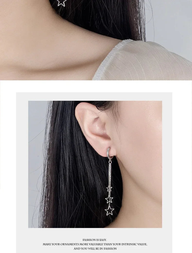 Elegant Popular Three Stars Hoop Earrings For Women 925 Sterling Silver Party Jewelry Beautiful Long Tassel EarringElegant