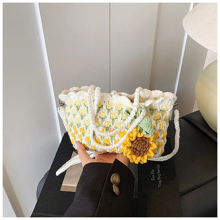 Crochet Crossbody Bag for Women Girl Handmade Color Block Handbag Lightweight Casual Summer Daily Purse