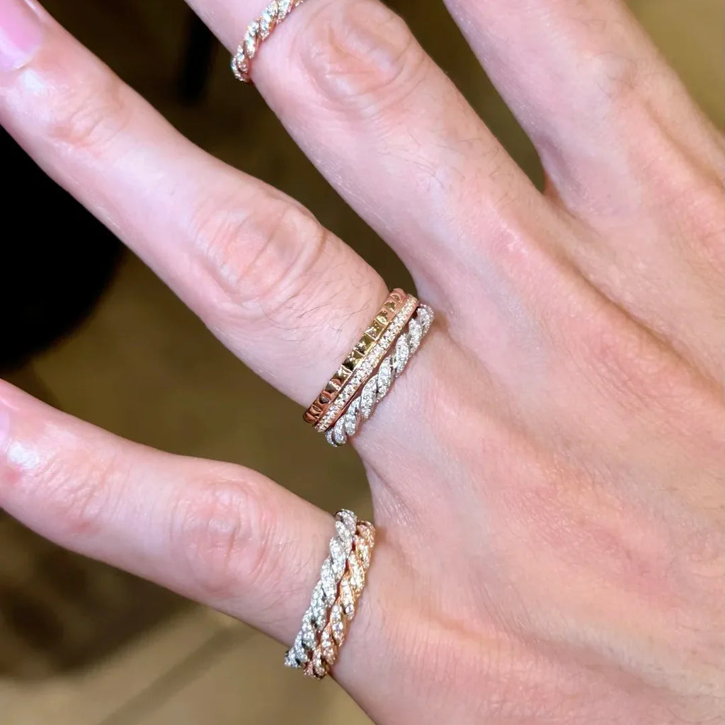 S925 Sterling Silver Twisted Stackable Ring, Women’s Full Zirconia Index Ring with a Small Row of Stones