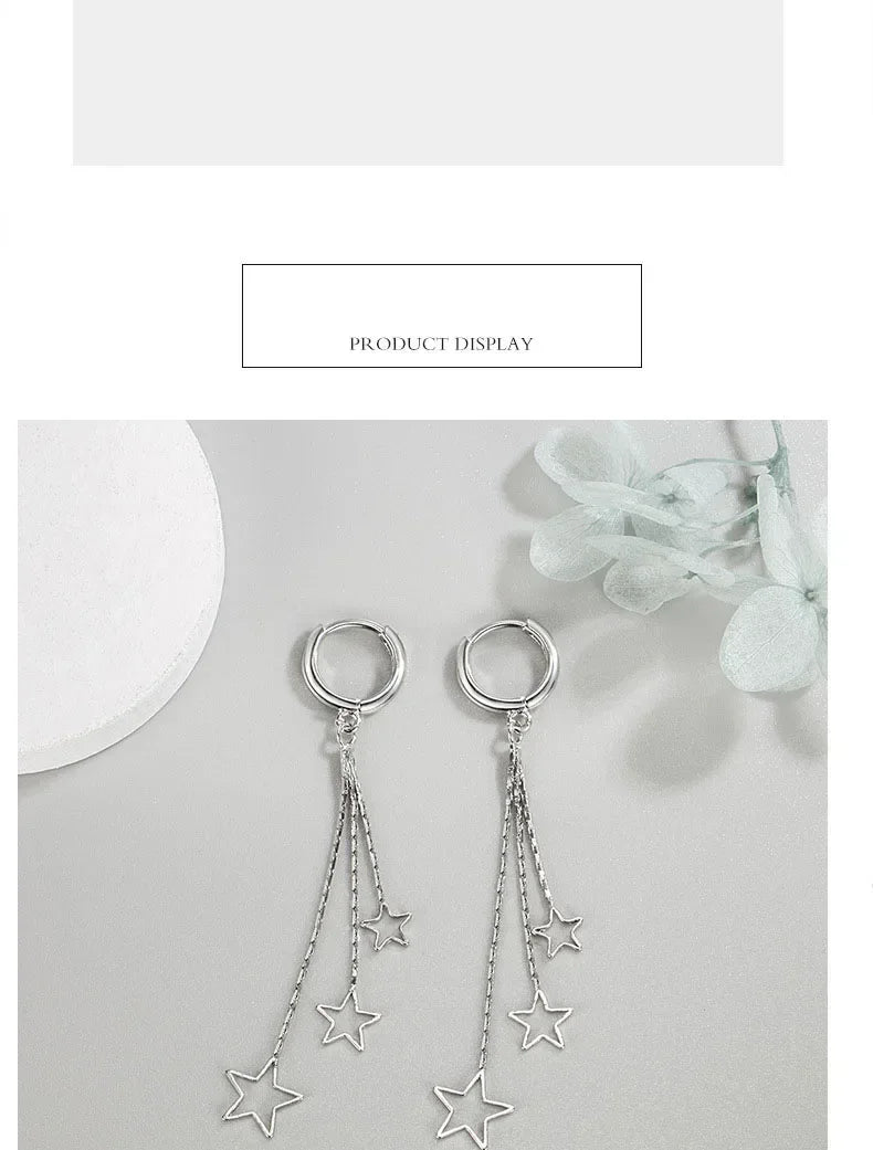 Elegant Popular Three Stars Hoop Earrings For Women 925 Sterling Silver Party Jewelry Beautiful Long Tassel EarringElegant