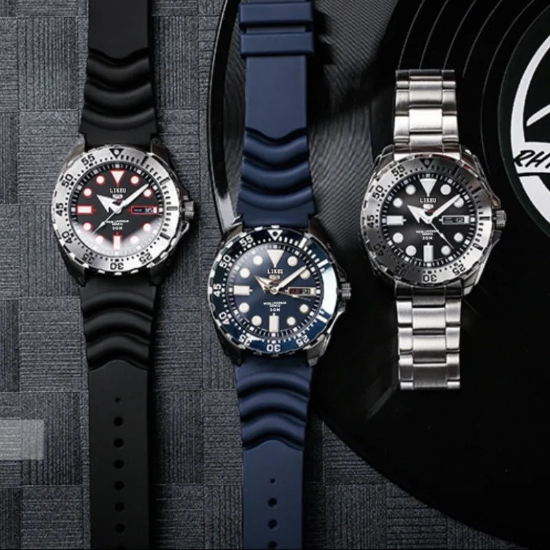 Stylish No.5 Men's Luxury Stainless Steel Luminous Diver Watch, Waterproof Dual Calendar Quartz & Steel Band, Top Gift.