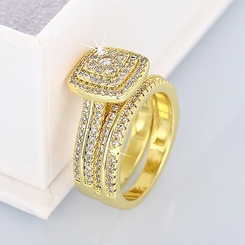 Huitan Double Stackable Set Rings Women for Wedding Luxury Gold Color AA Cubic Zirconia 2Pcs Rings Engagement Party Jewelry