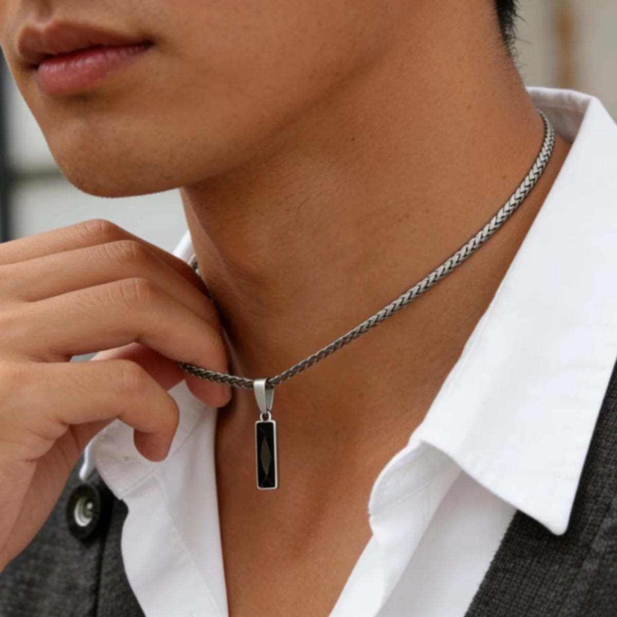 Men's Minimalist Necklace with Black Cubic Zirconia Pendant, 316L Stainless Steel, Daily Casual Street Style Rock Accessory