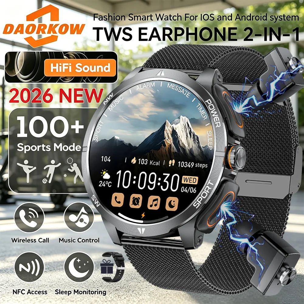 2026 2 In 1 TWS Headset Smart Watch 1.43" Earphones Music Smartwatch Women Men Sport Fitness Heart Rate Health Tracker Watches