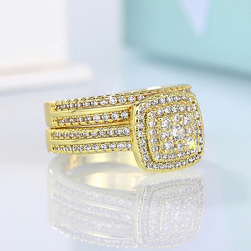 Huitan Double Stackable Set Rings Women for Wedding Luxury Gold Color AA Cubic Zirconia 2Pcs Rings Engagement Party Jewelry