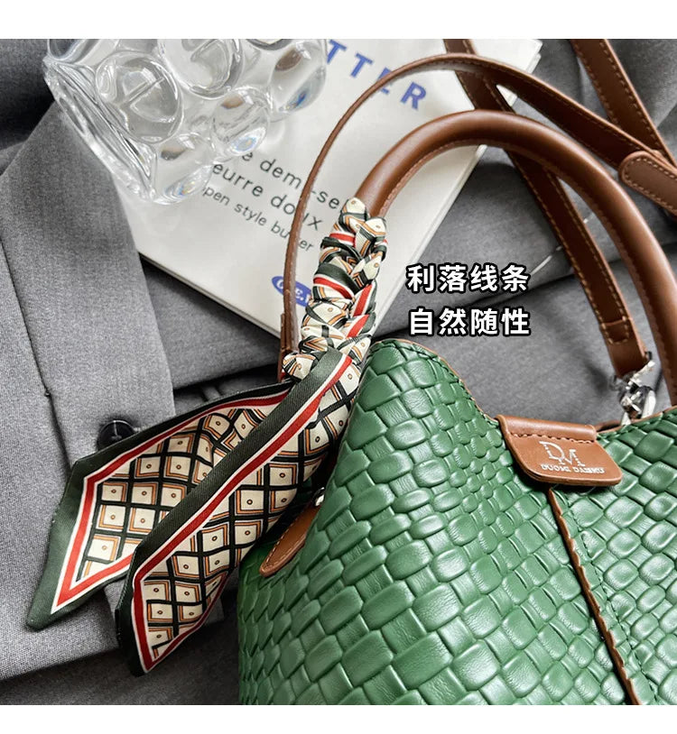 Women's Woven Bucket Bags Crossbody Purse, Elegant Tote for Travel & Formal Events, Durable Wipe-Clean Luxury Handbag