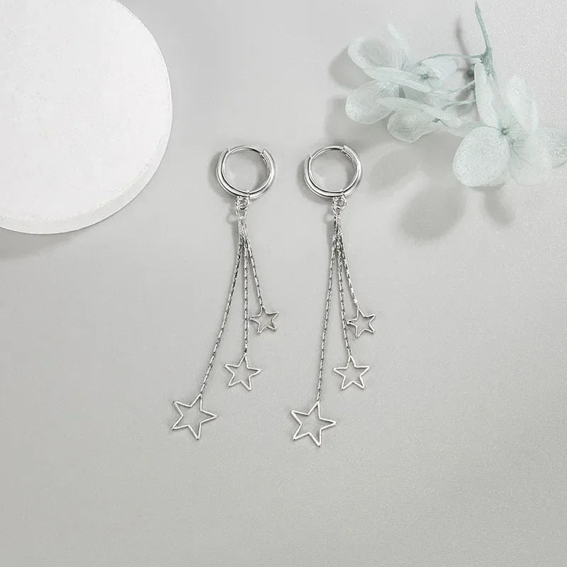 Elegant Popular Three Stars Hoop Earrings For Women 925 Sterling Silver Party Jewelry Beautiful Long Tassel EarringElegant
