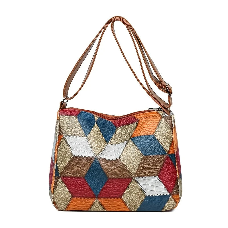 Chic Crossbody Bags for Women Stylish Stitching, Geometric Pattern, Multi Compartment Design with Zipper Closure, Travel Purse