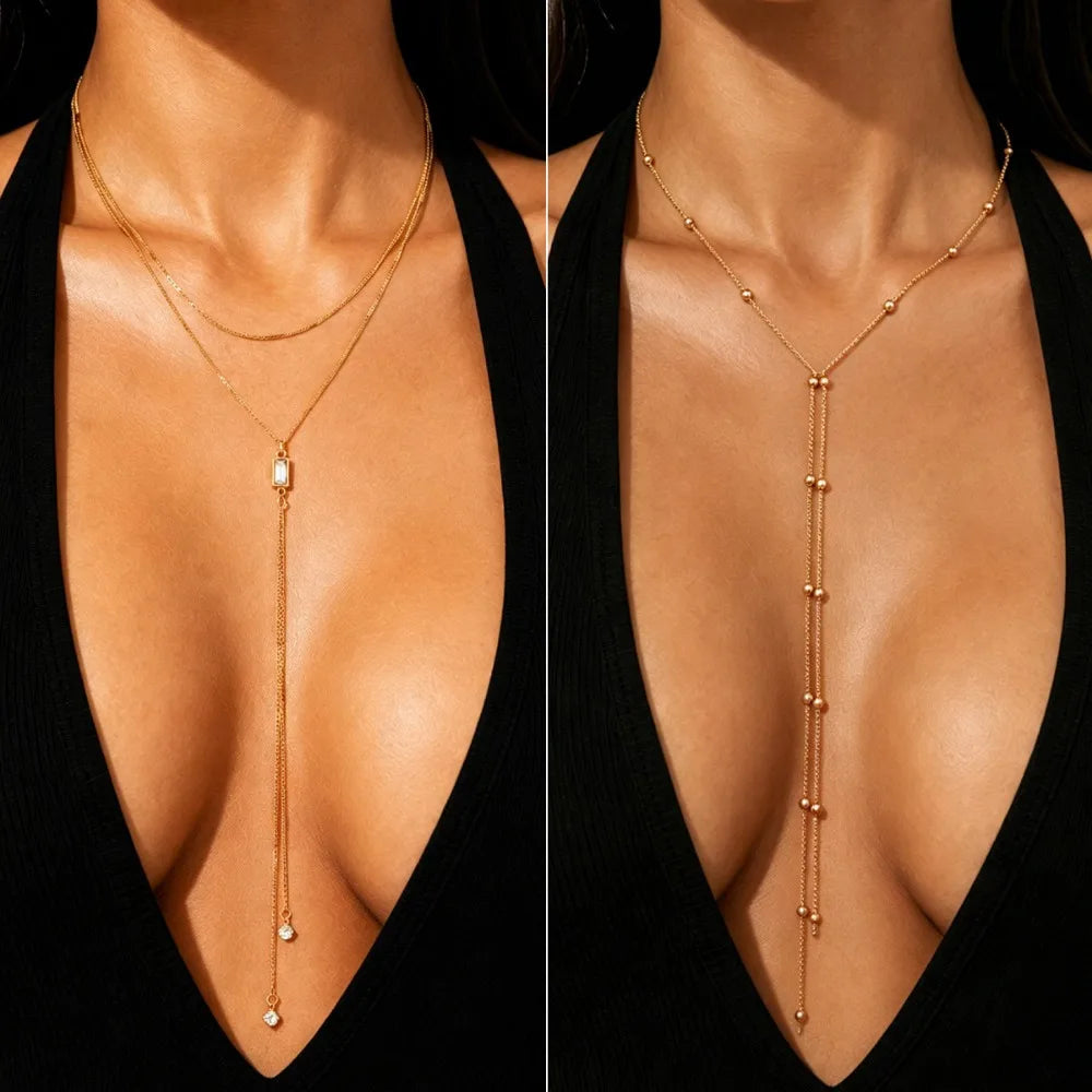 Minimalist Geometric Zircon Beaded Long Tassel Y-Shaped Lariat Layered Necklace for Women Fashion Stainless Steel Jewelry Gifts