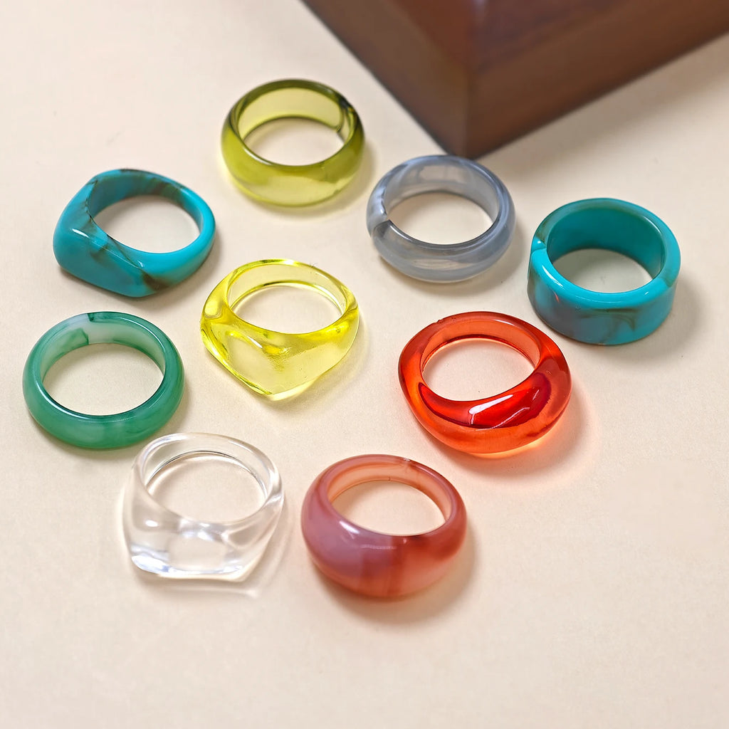 9pcs Retro Blush Resin Stackable Rings For Women Ins Geometric Design Turquoise Exaggerated Finger Ring Set