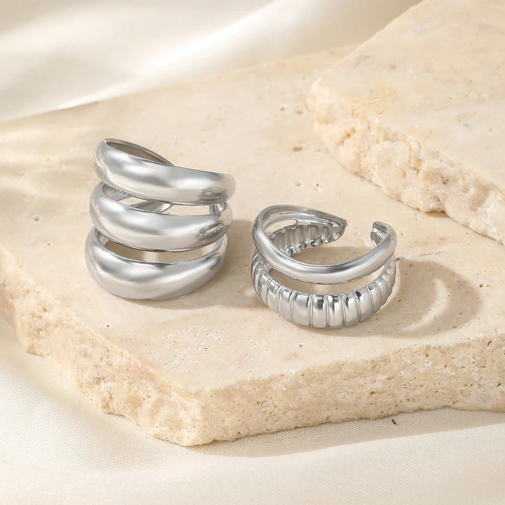 Stainless Steel Ring Irregular Geometric Triple Stacking Skeleton Ring Open Adjustable Three Piece Ring Set Commuter Matching