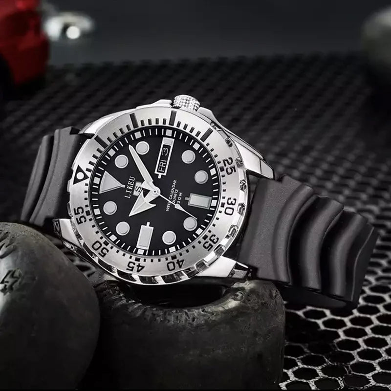 Stylish No.5 Men's Luxury Stainless Steel Luminous Diver Watch, Waterproof Dual Calendar Quartz & Steel Band, Top Gift.