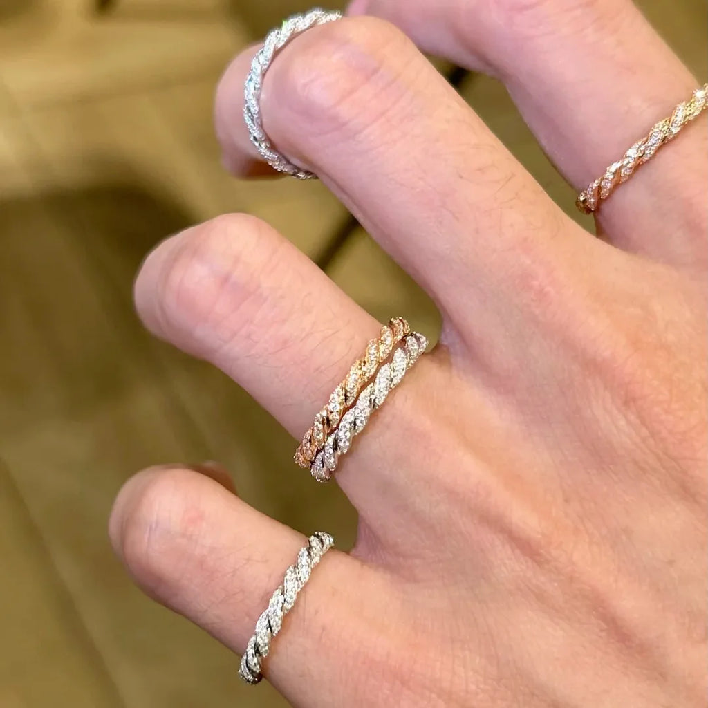 S925 Sterling Silver Twisted Stackable Ring, Women’s Full Zirconia Index Ring with a Small Row of Stones