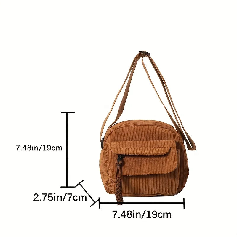 1 Corduroy Crossbody Bag with Zipper, Striped Pattern,Polyester Lining, Men's and Women's Casual Style Multi Pocket Shoulder Bag