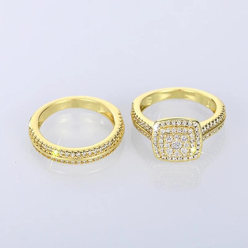 Huitan Double Stackable Set Rings Women for Wedding Luxury Gold Color AA Cubic Zirconia 2Pcs Rings Engagement Party Jewelry