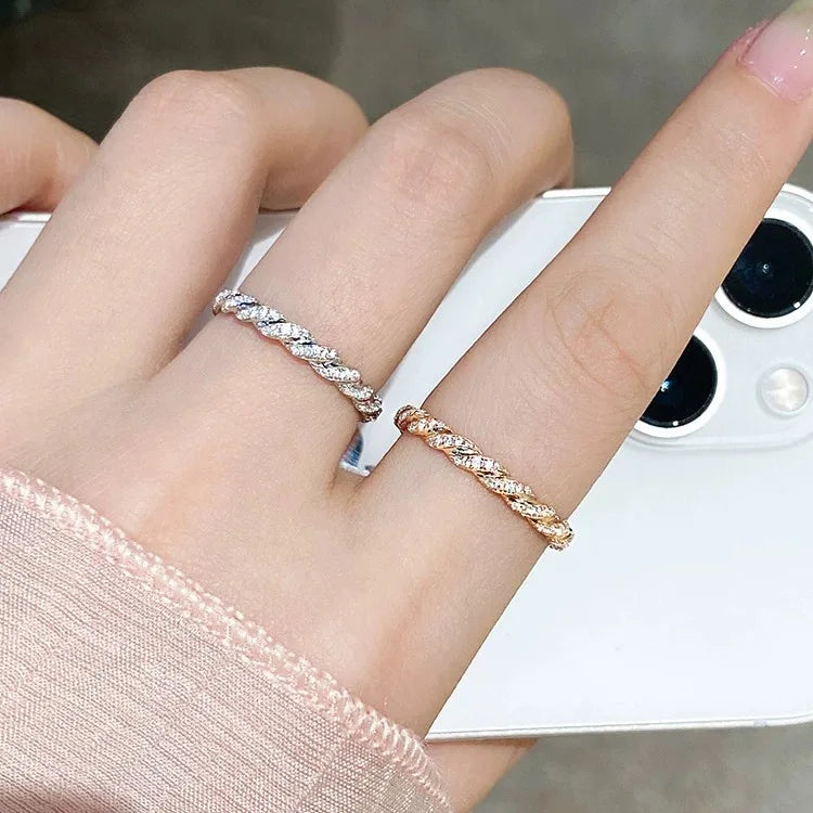 S925 Sterling Silver Twisted Stackable Ring, Women’s Full Zirconia Index Ring with a Small Row of Stones