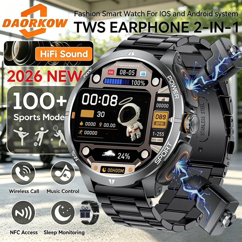 2026 2 In 1 TWS Headset Smart Watch 1.43" Earphones Music Smartwatch Women Men Sport Fitness Heart Rate Health Tracker Watches