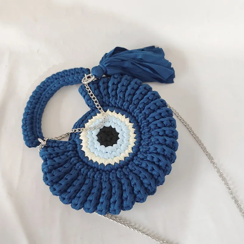 Knitted Crossbody Shoulder Bag,Handmade Weave Contrast Color Chain Compact Chic Women Sling Bag,Delicate Big Eyed Monster Purse