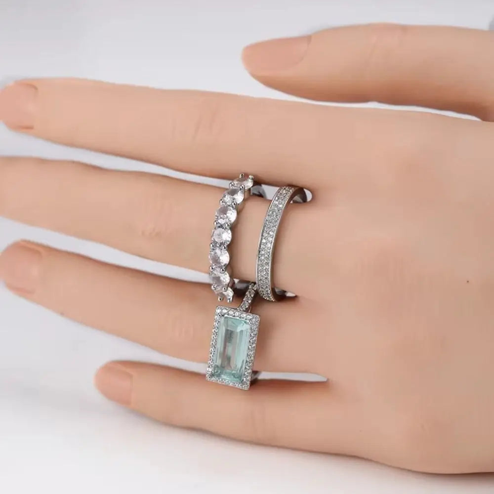 Large Rectangular Stone Stackable Ring Set European Style Fine Inlay Craft Stacking Rings Trendy Style Shine Brightly