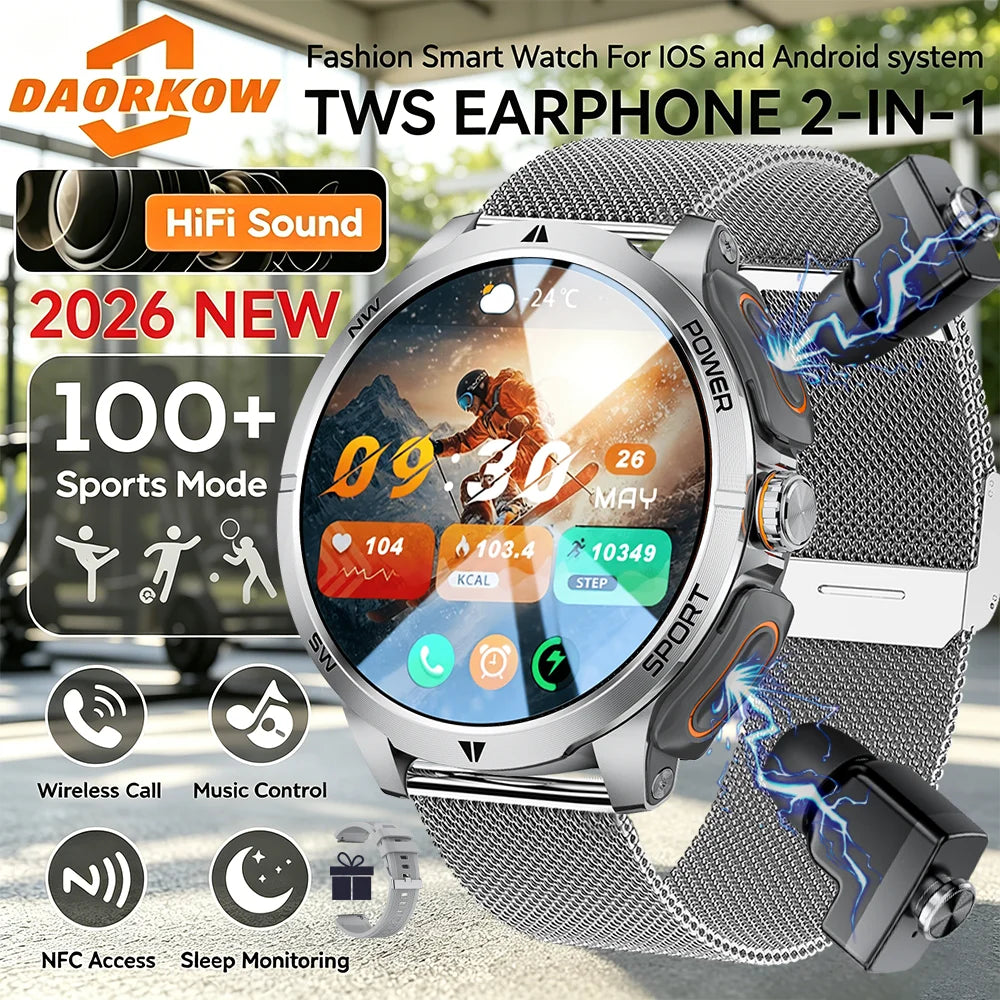 2026 2 In 1 TWS Headset Smart Watch 1.43" Earphones Music Smartwatch Women Men Sport Fitness Heart Rate Health Tracker Watches
