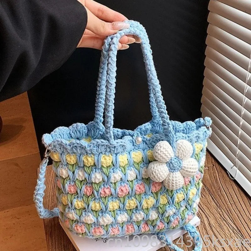 Crochet Crossbody Bag for Women Girl Handmade Color Block Handbag Lightweight Casual Summer Daily Purse