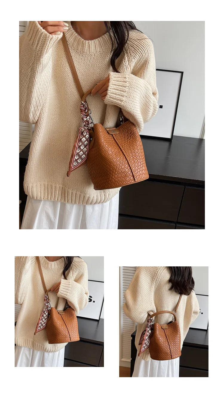 Women's Woven Bucket Bags Crossbody Purse, Elegant Tote for Travel & Formal Events, Durable Wipe-Clean Luxury Handbag