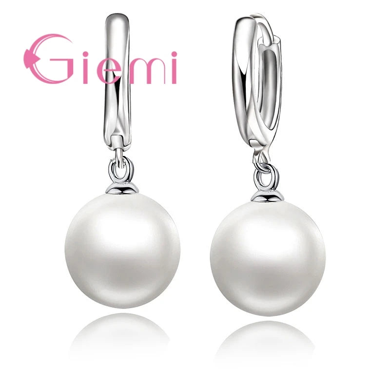 Elegant Hoop Loop Earrings 925 Sterling Silver  Smooth Ball Round Freshwater Pearl Charms Lever Back Huggie Jewelry
