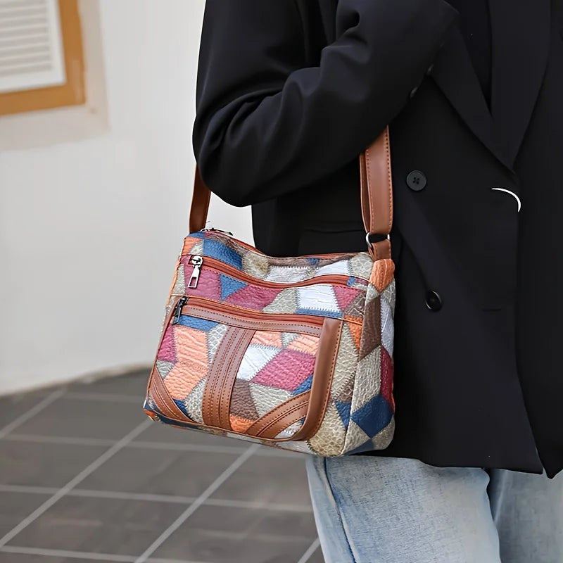 Chic Crossbody Bags for Women Stylish Stitching, Geometric Pattern, Multi Compartment Design with Zipper Closure, Travel Purse