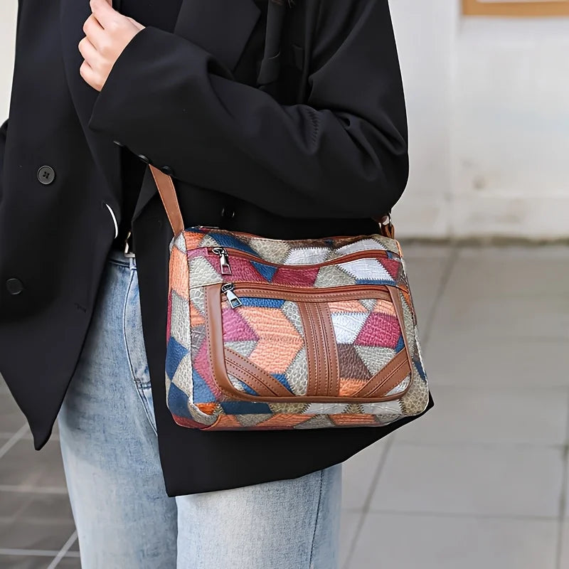 Chic Crossbody Bags for Women Stylish Stitching, Geometric Pattern, Multi Compartment Design with Zipper Closure, Travel Purse
