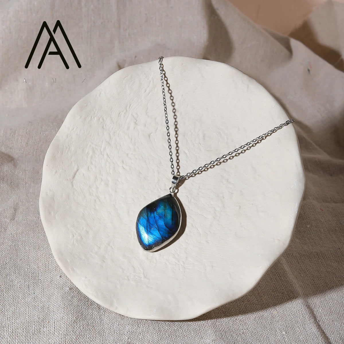 Minimalist Trendy Necklace Natural Gemstone Pendant Irregular Labradorite Necklace Silver-Plated Chain Unisex Gift Necklaces