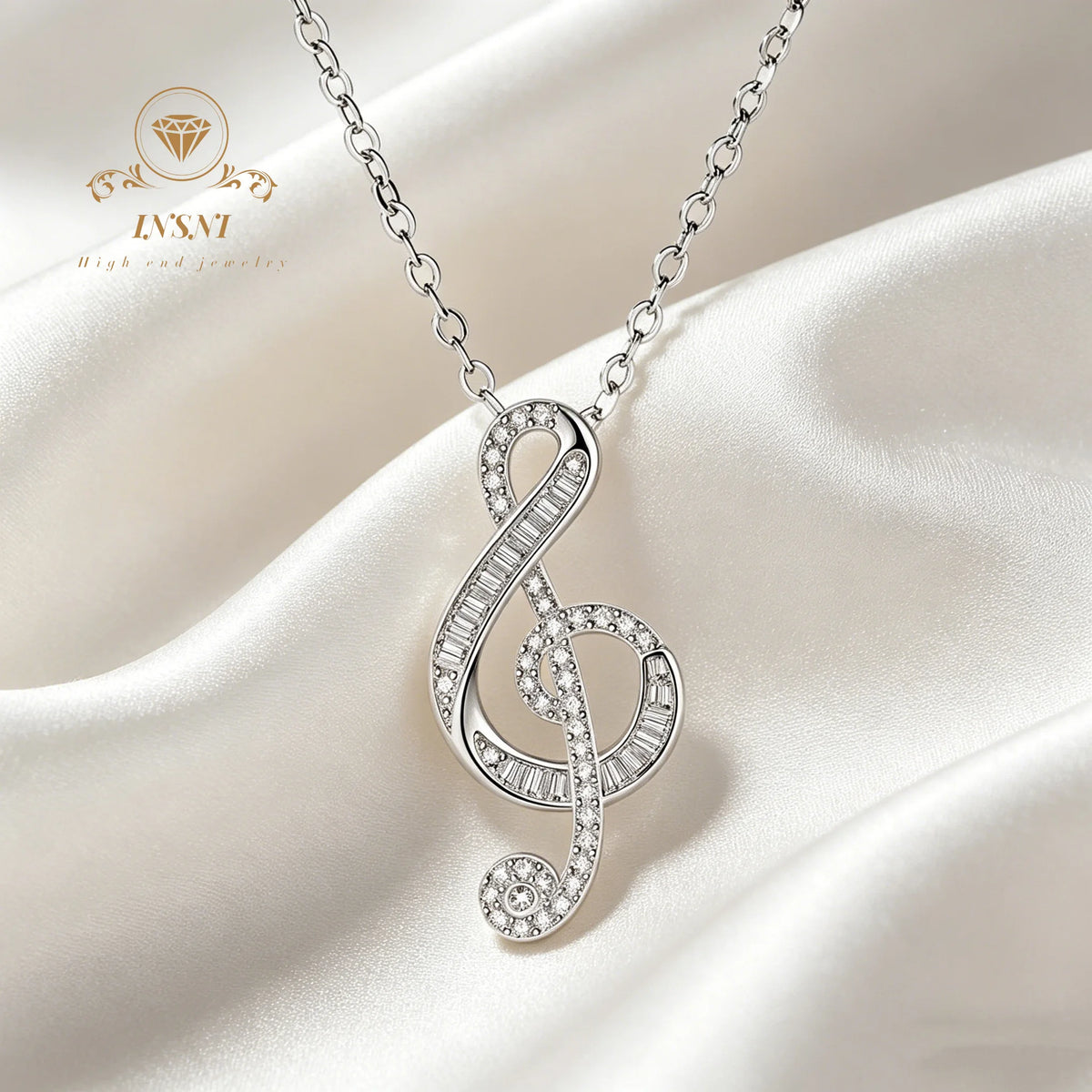 S925 silver Minimalist Treble Clef Necklace, Sparkling Cubic Zirconia Music Note Pendant Affordable Light Luxury Gift  jewelry