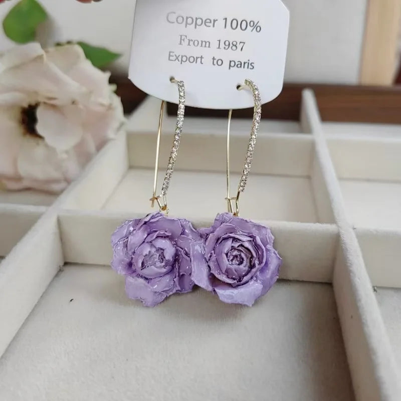 Multicolor Immortal Rose Flower Earrings Elegant Rose Hoop Earrings Epoxy Resin Natural Rose Dangle Earrings Custom Packaging