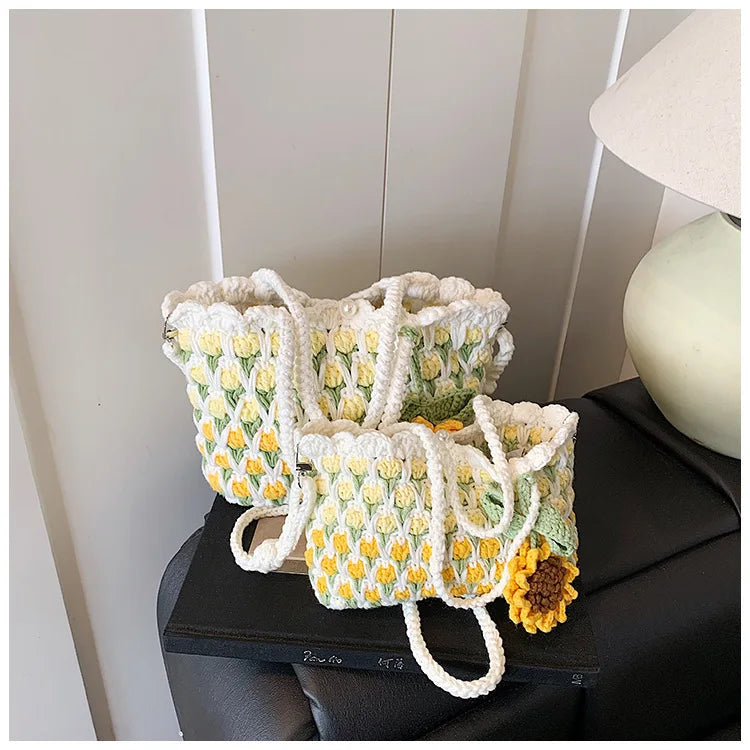 Crochet Crossbody Bag for Women Girl Handmade Color Block Handbag Lightweight Casual Summer Daily Purse