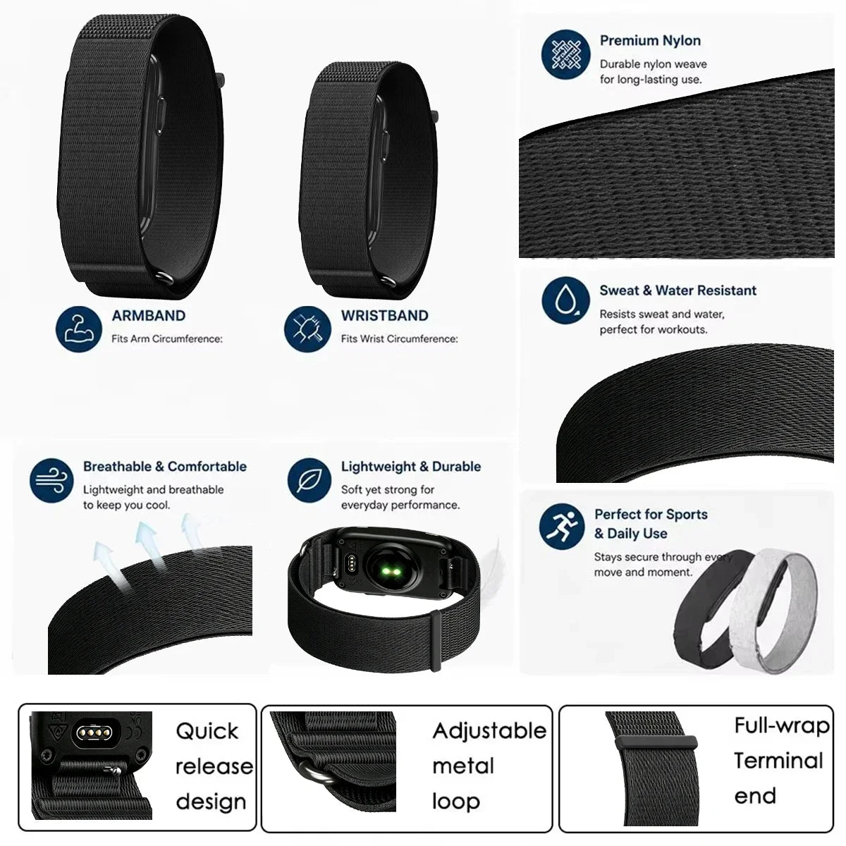 For Garmin CIRQA Smart Band Bicep Armband Sport Fitness Tracker Nylon Woven Breathable Watch Band Adjustable Wrist Loop Strap