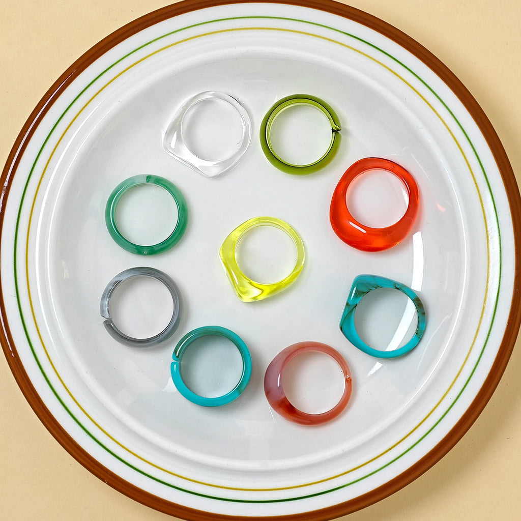 9pcs Retro Blush Resin Stackable Rings For Women Ins Geometric Design Turquoise Exaggerated Finger Ring Set