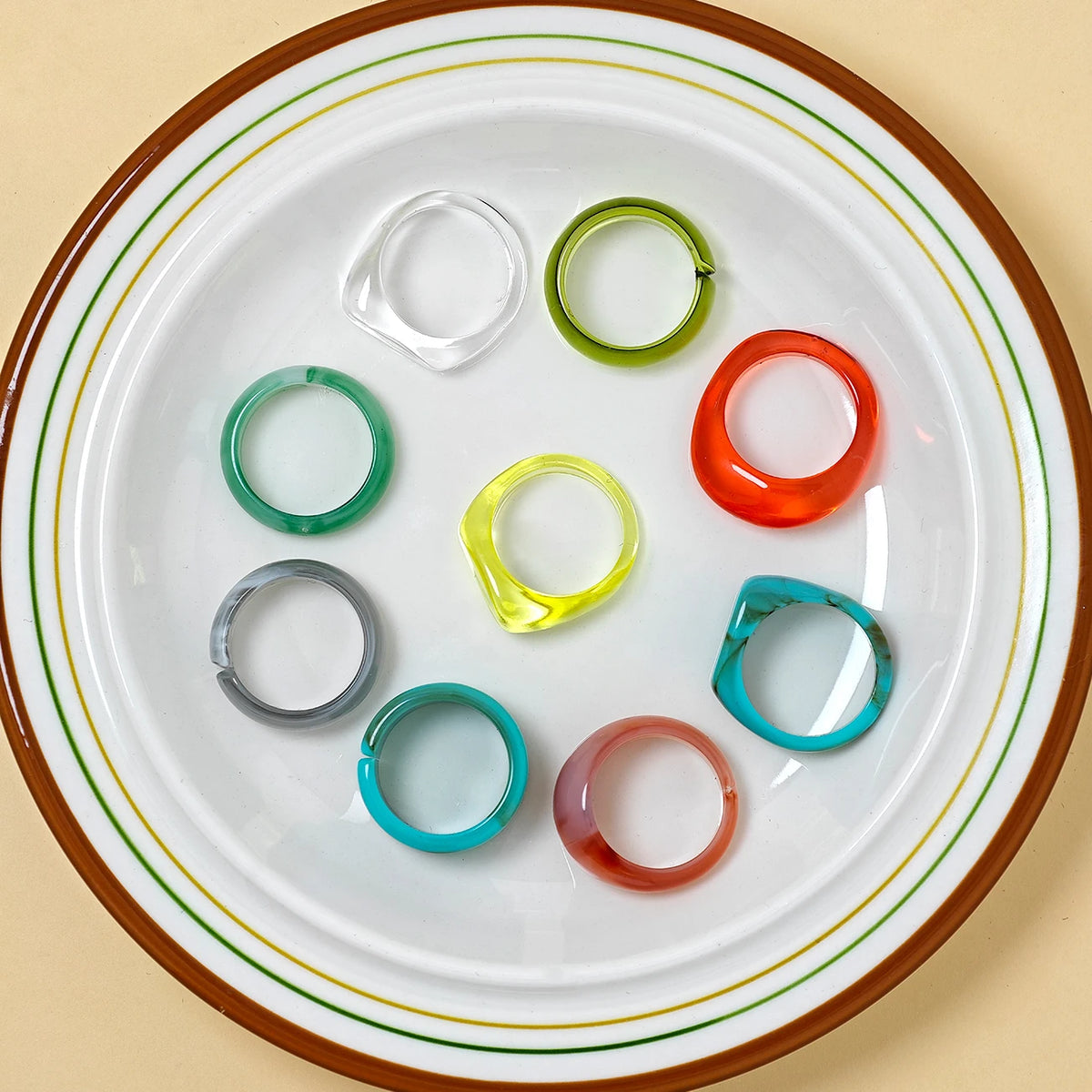 9pcs Retro Blush Resin Stackable Rings For Women Ins Geometric Design Turquoise Exaggerated Finger Ring Set