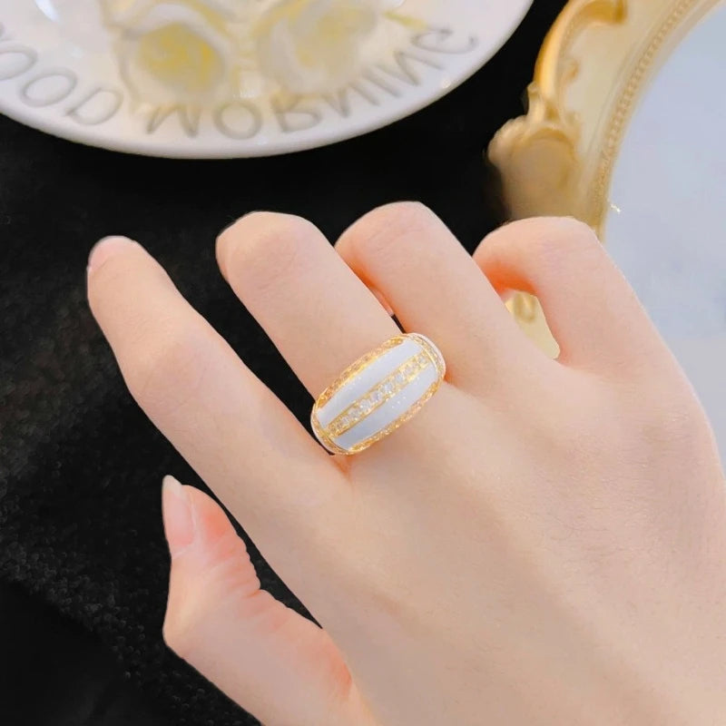 Women's Enamel Gemstone Stackable Rings - Black and White Colors - 3-carat Cubic Zirconia - Wide Ring Fashionable Jewelry
