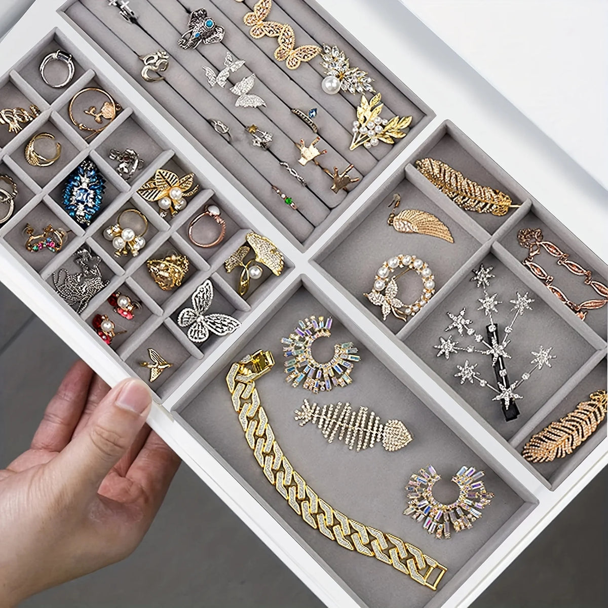 Stackable Velvet Jewelry Tray - Grey, Rectangular Storage Drawer for Rings, Necklaces, and Earrings, Jewelry Storage