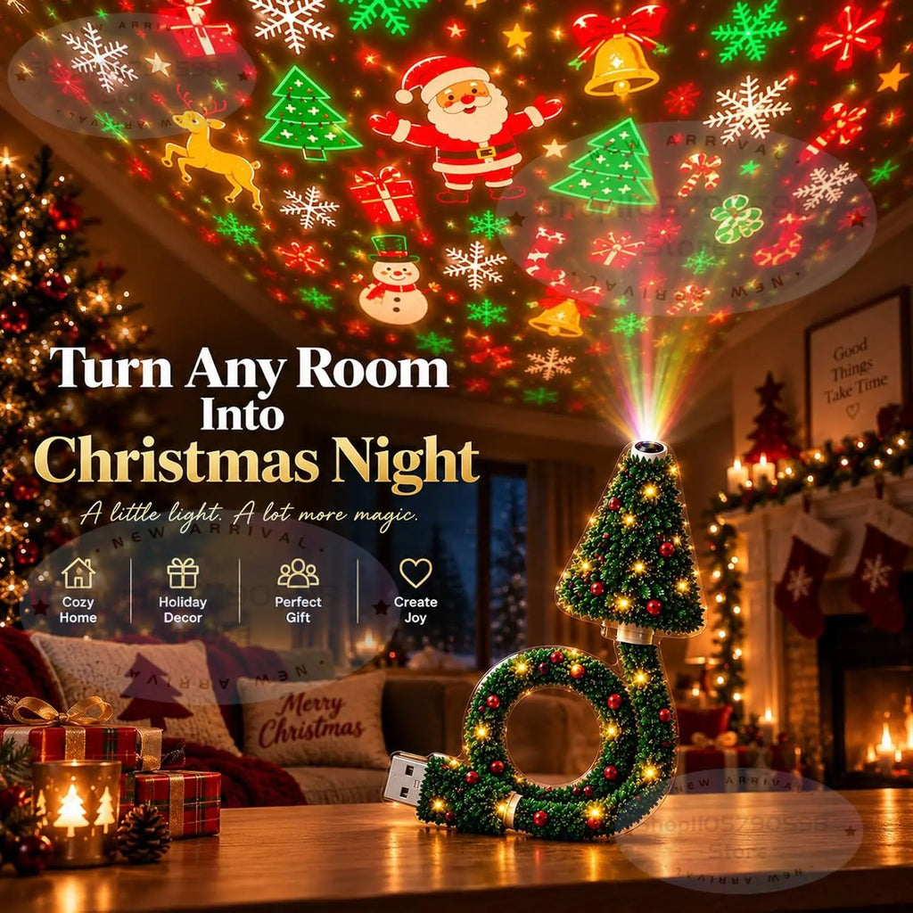 Christmas Projector Light, USB Powered Christmas Night Light with 6+ Holiday Patterns, Flexible Tree Lamp for Holiday Decor