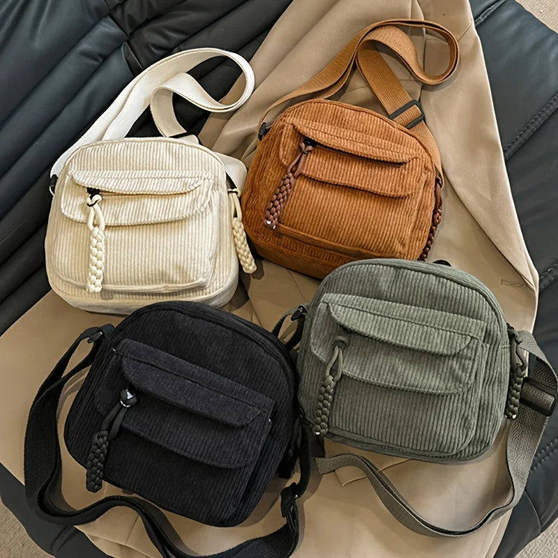 1 Corduroy Crossbody Bag with Zipper, Striped Pattern,Polyester Lining, Men's and Women's Casual Style Multi Pocket Shoulder Bag