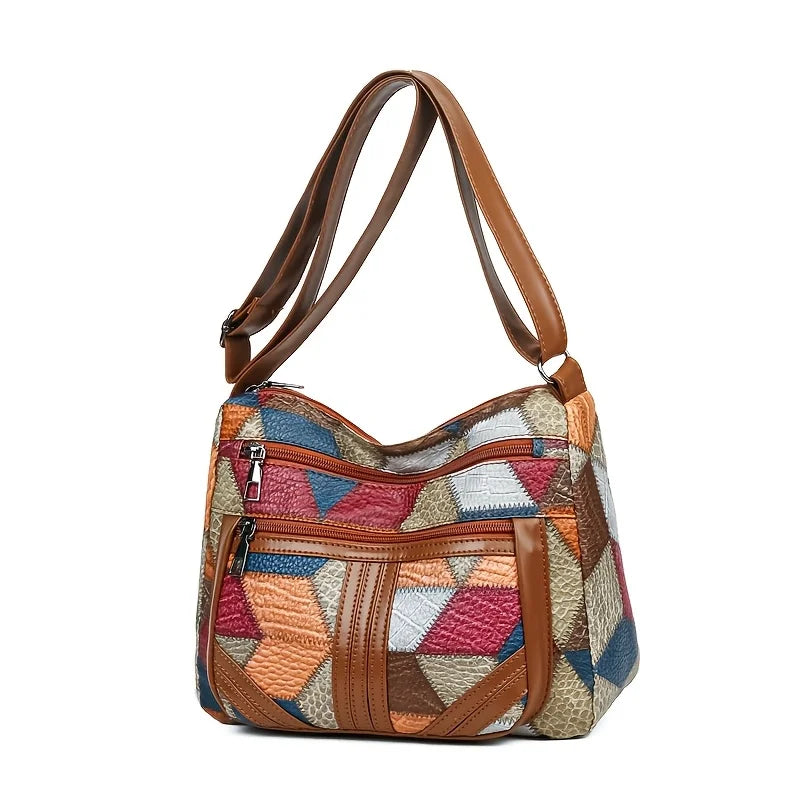 Chic Crossbody Bags for Women Stylish Stitching, Geometric Pattern, Multi Compartment Design with Zipper Closure, Travel Purse