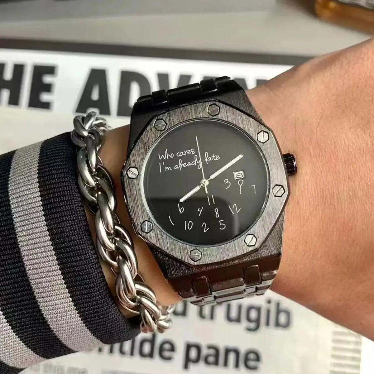 European and American Style Luxury Personalized Men's Steel Band Watch, with Calendar Display, Graffiti Digital Pattern, Casual Retro Fashion, High-End Men's Watch, Suitable for Various Occasions, Recommended Fashion Gift