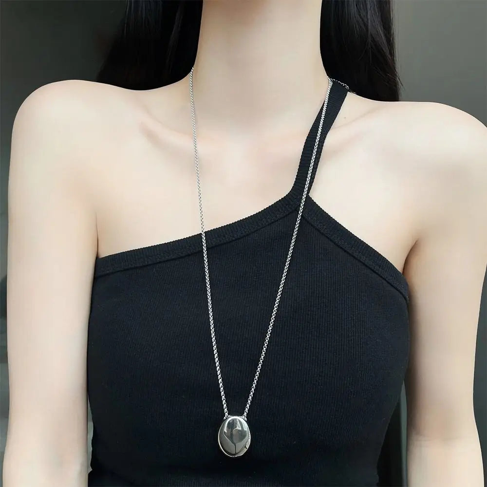 Minimalistic Oval Titanium Steel Necklace for Women Long Sweater Chain Luxury Charm Thin Chain Party Elegant Jewelry Accessories