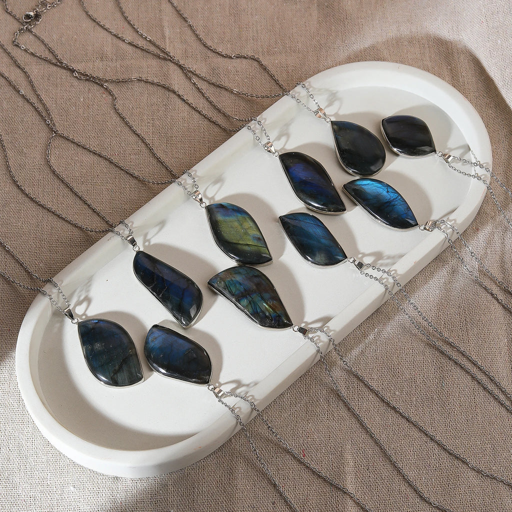 Minimalist Trendy Necklace Natural Gemstone Pendant Irregular Labradorite Necklace Silver-Plated Chain Unisex Gift Necklaces