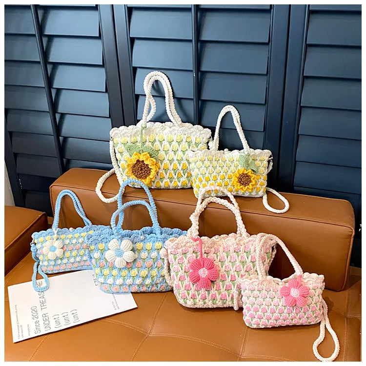 Crochet Crossbody Bag for Women Girl Handmade Color Block Handbag Lightweight Casual Summer Daily Purse