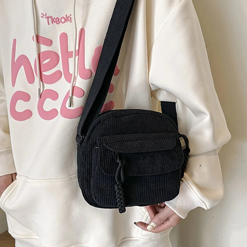 1 Corduroy Crossbody Bag with Zipper, Striped Pattern,Polyester Lining, Men's and Women's Casual Style Multi Pocket Shoulder Bag