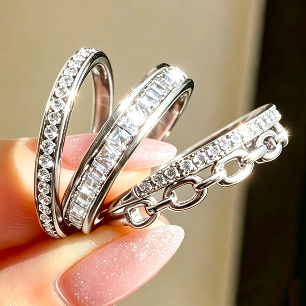 Yupsk New 3pcs/set Dazzling Zircon Stainless Steel Copper Stackable Rings for Women Exquisite Fashion Daily Accessories