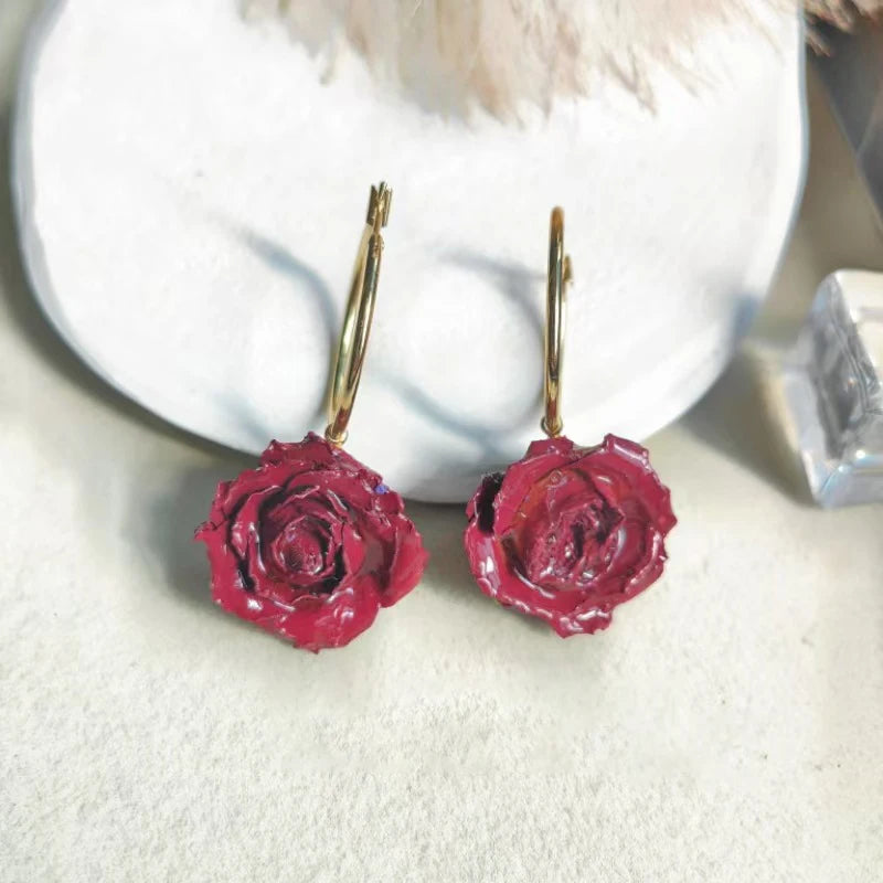Multicolor Immortal Rose Flower Earrings Elegant Rose Hoop Earrings Epoxy Resin Natural Rose Dangle Earrings Custom Packaging